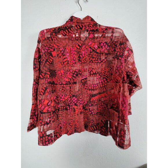 Chico's Womens Red & Black Abstract Button-Up Sheer Shirt Top Size 3 Long Sleeve - Picture 2 of 7